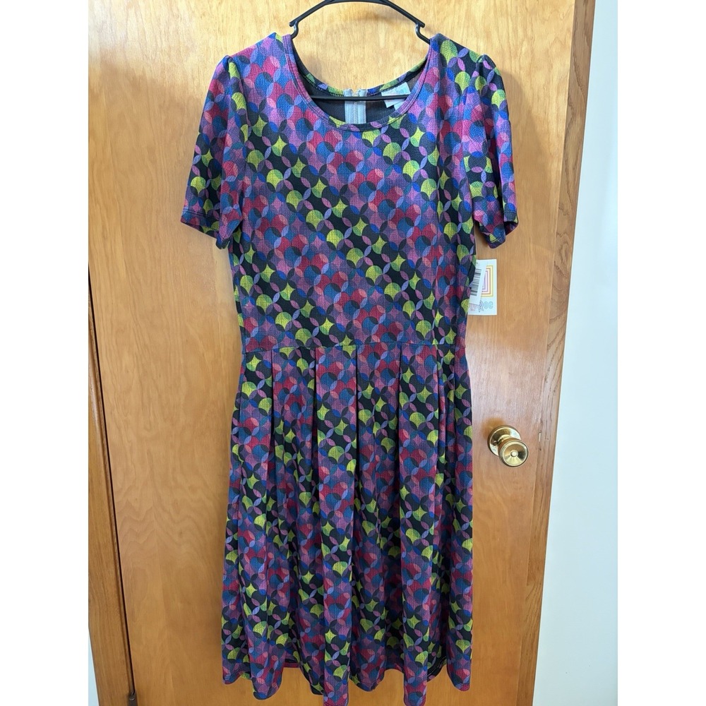 LuLaRoe Amelia Dress XL NWT Colorful Geometric Pleated Fit Flare Pockets Zip - Picture 4 of 5